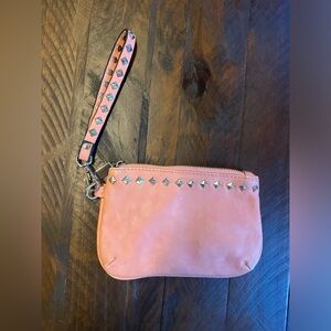 Peach / salmon clutch / wristlet bag with stones and strap
